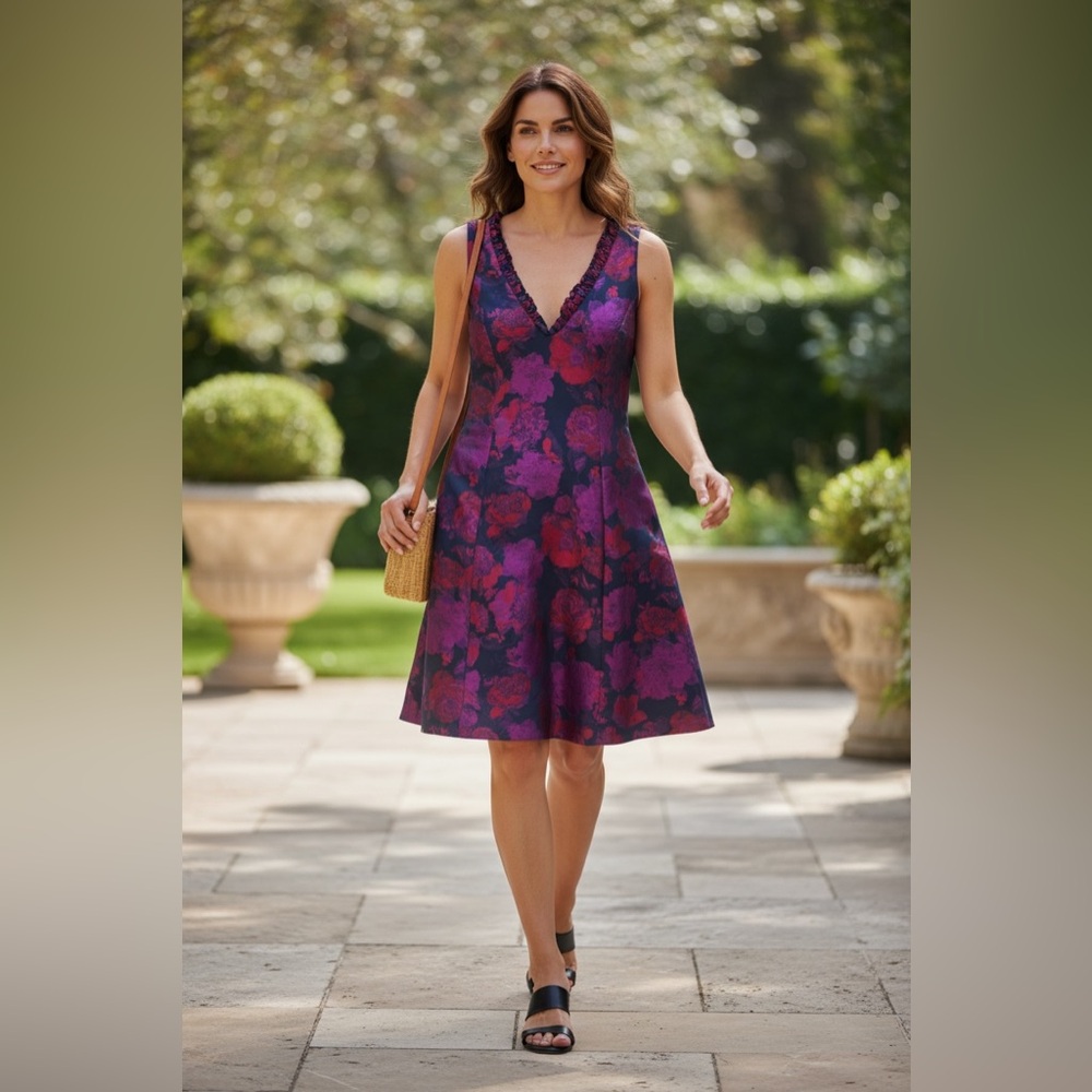 NWT Adrianna Papell size 10 Floral V-Neck Midi Dress - Purple  navy blue